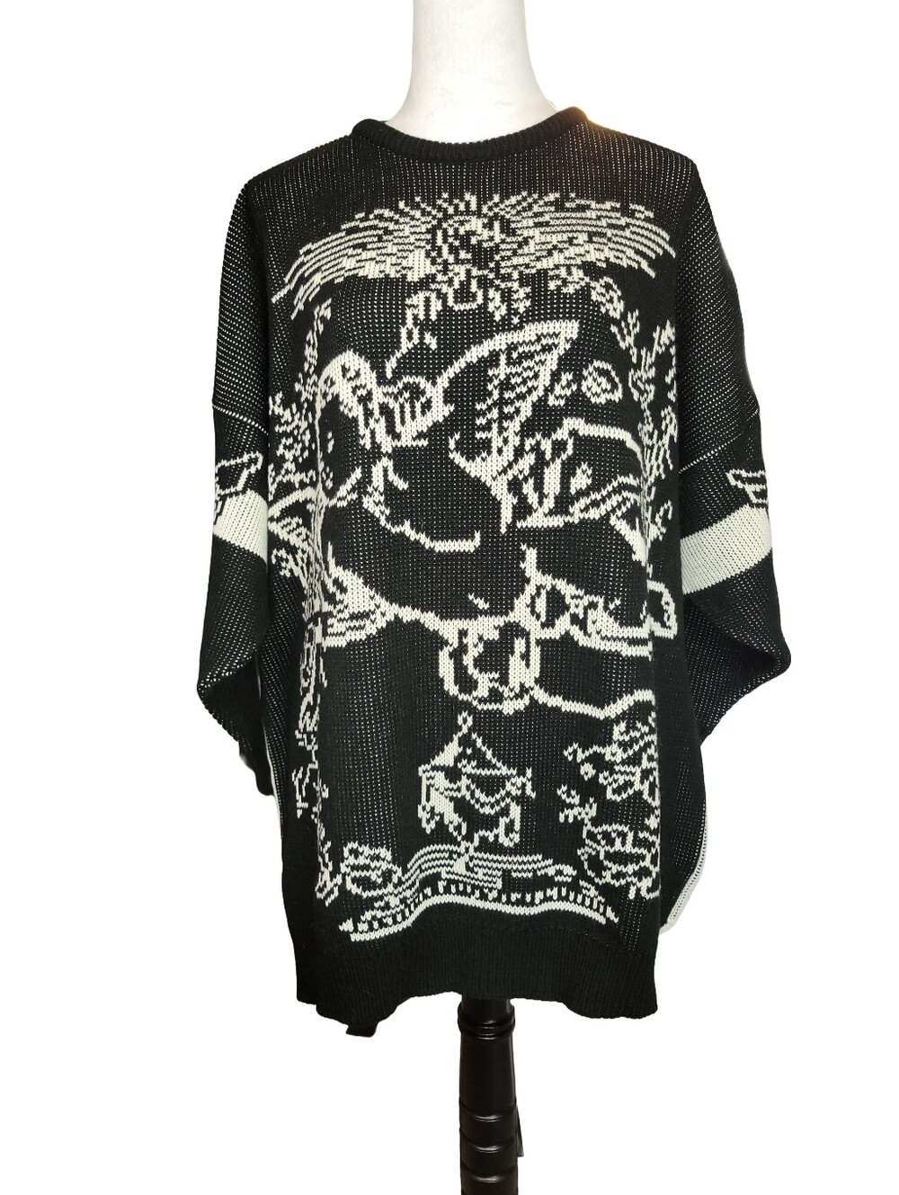 Vintage 70s Contempo Casuals Knit Black & Cream Angel/Cherub Tunic Sweater Med - Picture 3 of 16